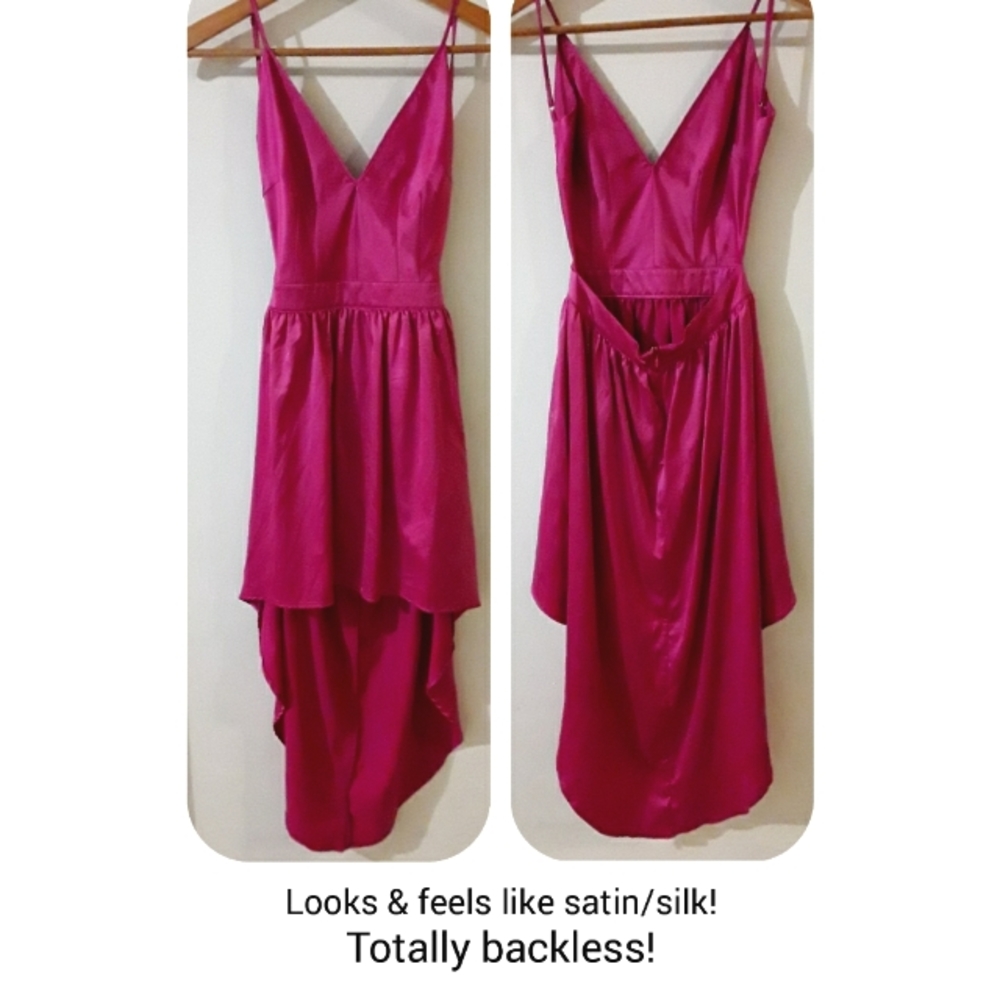 High-low hem dress, backless, hot pink